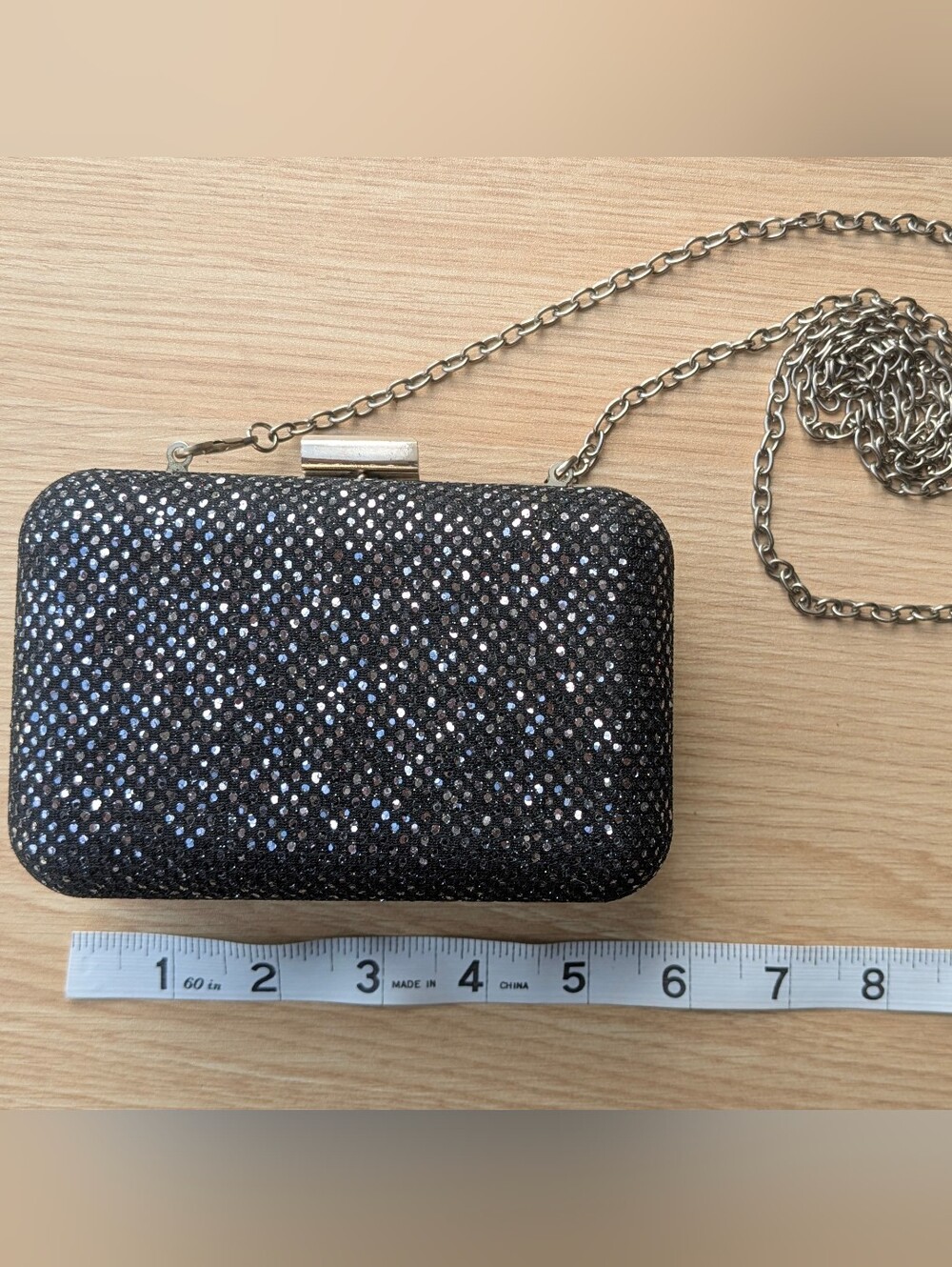 Shimmery Black Evening Clutch with Silver Chain